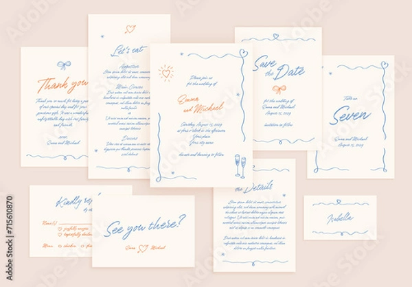 Fototapeta Wedding Invitation Suite Layout with Hand Drawn Scribbled Illustrations