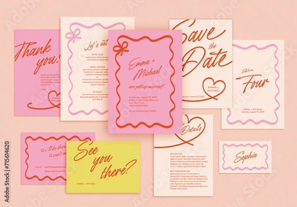 Fototapeta Wedding Invitation Suite Layout with Hand Drawn Elements