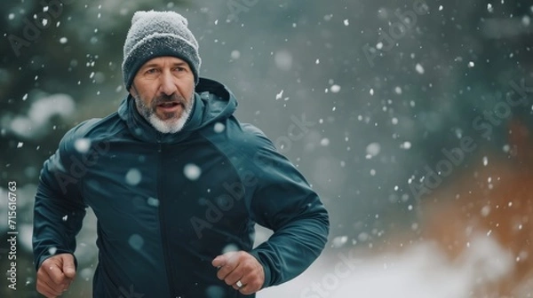 Fototapeta Man running and exercising outside on a cold and snowy day. website header creative banner Image copy space