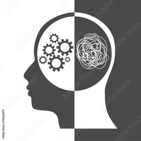 Fototapeta Metaphor bipolar disorder mind mental. Split personality. Concept mood disorder. Head silhouette. Psychology and mental health. Dual personality concept. Tangle and untangle
