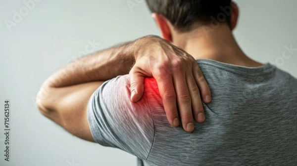 Fototapeta Man suffering from shoulder pain. Joint problems and arthritis. Health and medical concept.