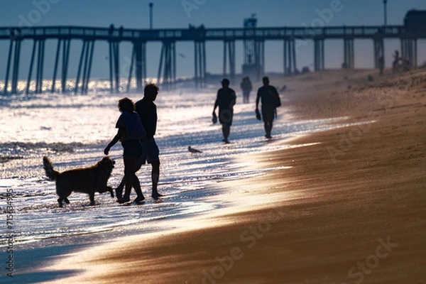 Obraz A family walking their dog along the Atlantic Ocean on the warm sandy beach at Ocean City MD on a warm October Day. People are silhouetted on the beach as they walk. Amusement pier in the background