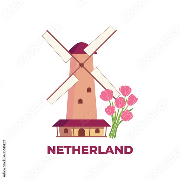 Obraz illustration of 2 iconic things at netherland ; windmill and tulip flower