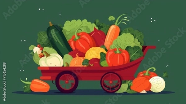 Fototapeta Natural vegetables in red wheelbarrow.Pumpkin red.Generative AI