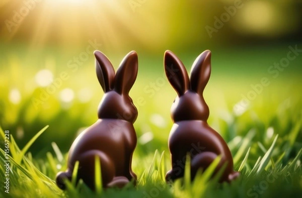 Obraz Two Easter bunnies face the sunset. Sweets concept, Easter holidays, games for children, fun