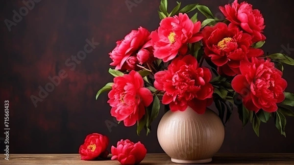 Fototapeta A large bouquet of red peonies with green leaves in a vase. Empty background, vintage charming style. Generative AI