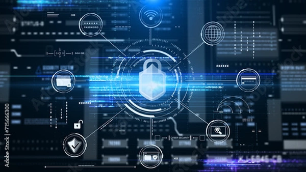 Fototapeta Technology data protection cyber security on digital data background. HUD circular with padlock privacy secure concept illustration.