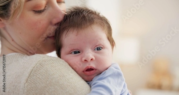 Fototapeta Love, mother and baby in nursery for bonding, touch or cuddle with support or care in house. Woman, mom or holding newborn in bedroom with bond and relax for child development and nurture in home