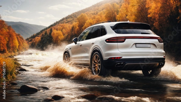 Fototapeta Porsche Cayenne , passing through a river. splashes