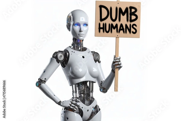 Fototapeta Robot with sign saying "dumb humans". Robot holding sign. Ai rights meme. Android holding sign. Ai Meme.