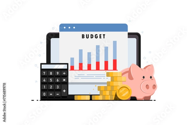 Fototapeta Budget planning financial to the future concept, Bar graph financial budget calculation analysis, Digital marketing illustration.