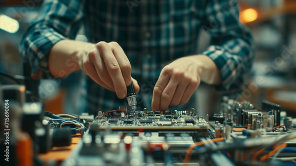 Fototapeta Precision and Expertise An Engineer's Finesse in Circuitry Repair