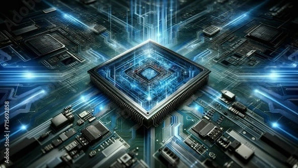 Fototapeta Theme of a microchip with a high-tech aesthetic.