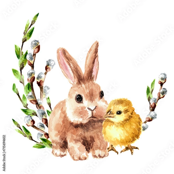 Fototapeta Colored Easter egg, cute rabbit and little chicken. Hand drawn watercolor illustration, isolated on white background  copy