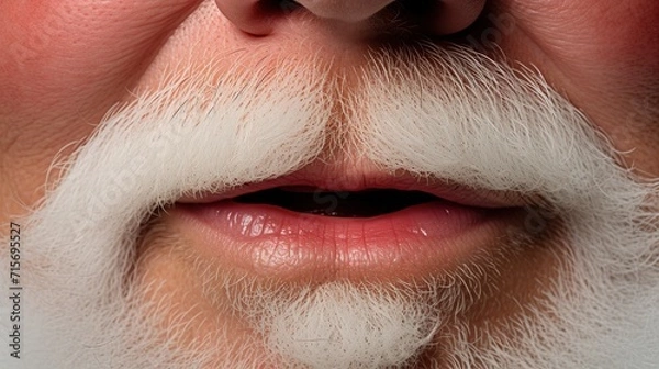 Fototapeta Macro shot of a person's mouth partly covered by a fluffy white Santa mustache, hinting at a festive disguise or costume.