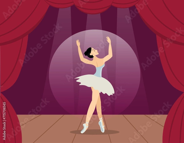 Obraz Beauty of classic ballet.  A cute ballerina performs on the theater stage.A classical dancer performs on stage. Ballerina dancing in pointe shoes.