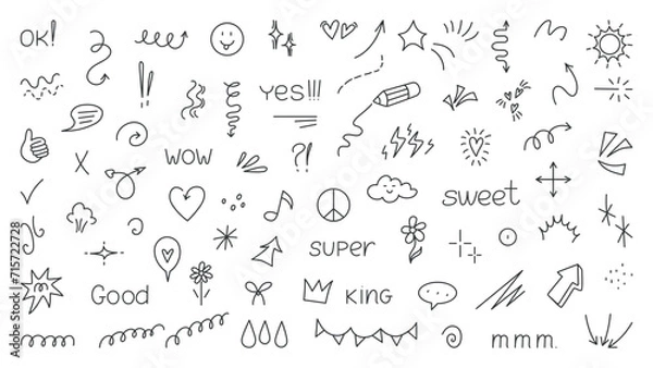 Fototapeta Doodle line glitter elements. Simple tiny lined arrows, springs, pennant banners, hearts and speech bubbles. Isolated hand drawn neoteric vector collection