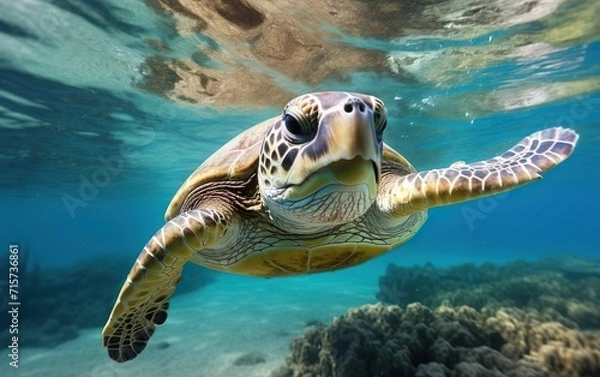 Obraz Under the sea banner. Marina poster. Portrait of a happy sea turtle swimming underwater. Diving spot concept. AI Generative.