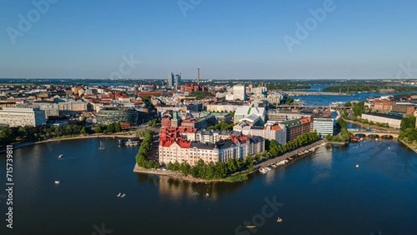 Obraz Aerial close view to Helsinki central residental area. Multistory buildings. Colorful roofs in Scandinavia. Finland sunset