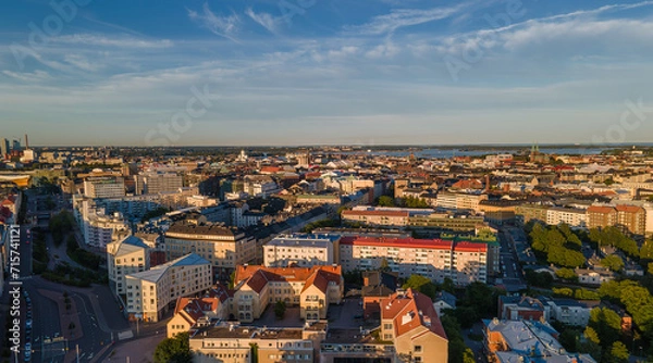 Obraz Aerial close view to Helsinki central residental area. Multistory buildings. Colorful roofs in Scandinavia. Finland sunset