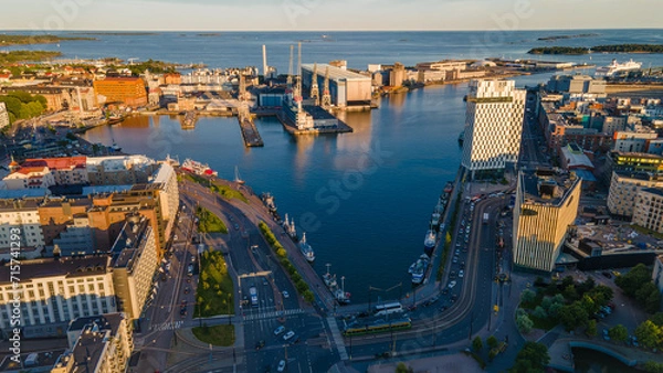 Obraz Aerial view. Helsinki seaside with view on hotels, offices, port and shipyard.  Finland
