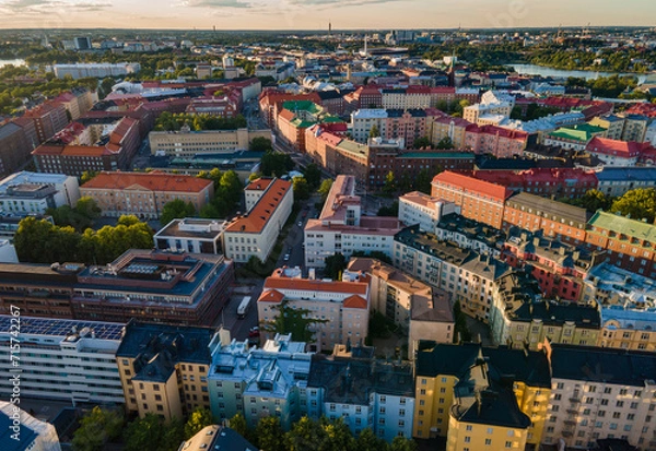 Obraz Aerial close view to Helsinki central residental area. Multistory buildings. Colorful roofs in Scandinavia. Finland sunset