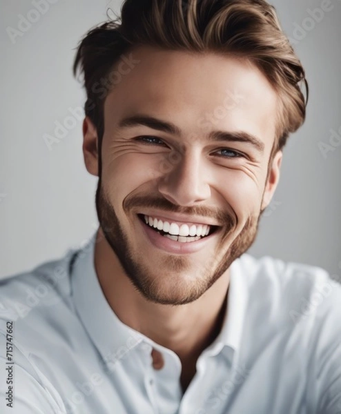 Fototapeta handsome young white american man model with perfect clean teeth laughing and smiling. isolated on white background