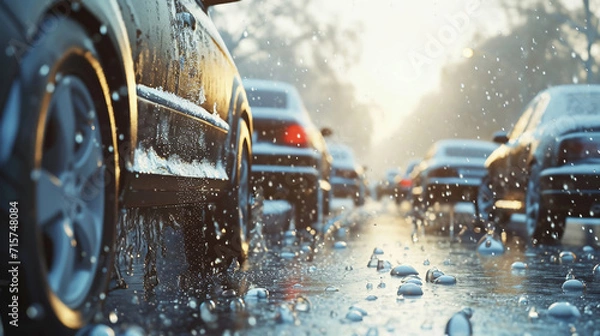 Fototapeta Modern cars parked outdoors on rainy day with hail. Car insurance