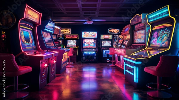 Obraz  A retro-inspired game room with arcade games, neon lights, and a vintage vibe