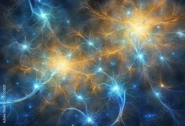 Obraz Neuron glowing, emitting a vibrant combination of blue and yellow hues. Abstract background.