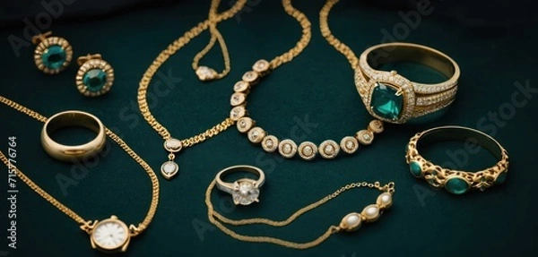 Obraz  a collection of jewelry including rings, bracelets, rings, and bracelet bracelets are on a green surface with a gold chain and a diamond ring is in the middle of the foreground.