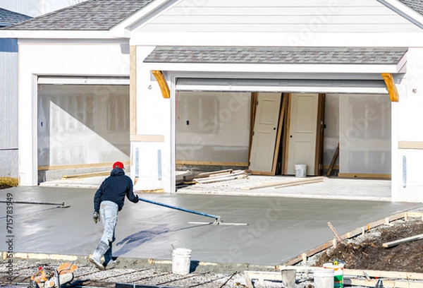 Fototapeta Man working on smoothing concrete driveway for the new home build at construction site. Architecture and exterior structure base progress, safety foundation pavement ground. Real estate industry.