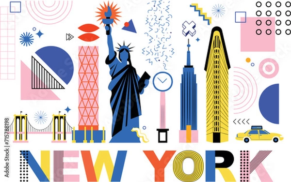 Obraz Typography word "New York" branding technology concept. Collection of flat vector web memphis and Bauhaus elements. NY culture travel set, famous architectures. USA landmark. Abstract geometric poster
