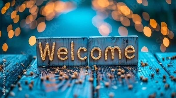 Fototapeta Welcome to a magical world  postcard with golden text and bokeh sparkles background