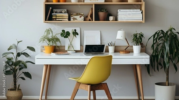 Fototapeta Minimalist Office Workspace: Modern Interior Design with a Computer and Stylish Furniture