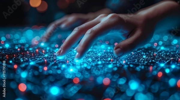 Fototapeta hand uses a keyboard, future technology with networked data