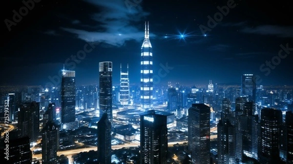 Fototapeta Urban Skylines: Aerial View of Modern Cityscape with Skyscrapers and Lights at Sunset