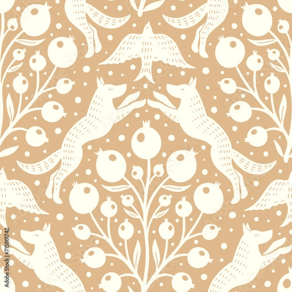 Obraz Hand drawn woodland animals seamless pattern Decorative cute dog wolf bird berries seamless pattern