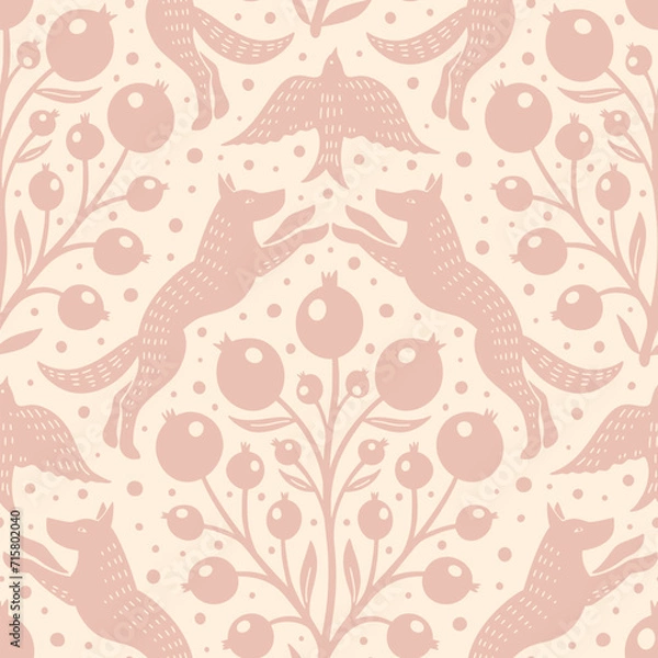 Obraz Hand drawn woodland animals seamless pattern Decorative cute dog wolf bird berries seamless pattern