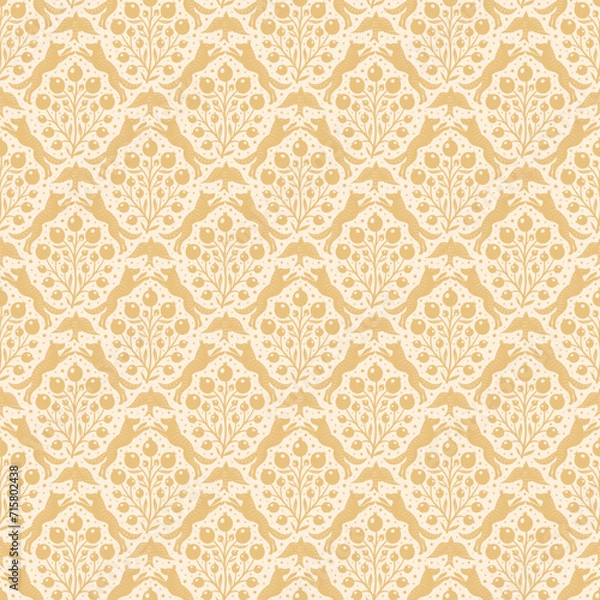 Fototapeta Hand drawn woodland animals seamless pattern Decorative cute dog wolf bird berries seamless pattern