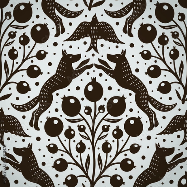 Obraz Hand drawn woodland animals seamless pattern Decorative cute dog wolf bird berries seamless pattern