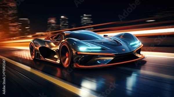 Fototapeta The vision of a futuristic vehicle navigating the neon-soaked roads of a cyber city during the nighttime.