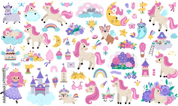 Fototapeta Vector unicorns set. Big collection with fairytale characters, fairy, animals with horns, castle on cloud, rainbow, falling stars, crystals, sweets. Fantasy world clip art