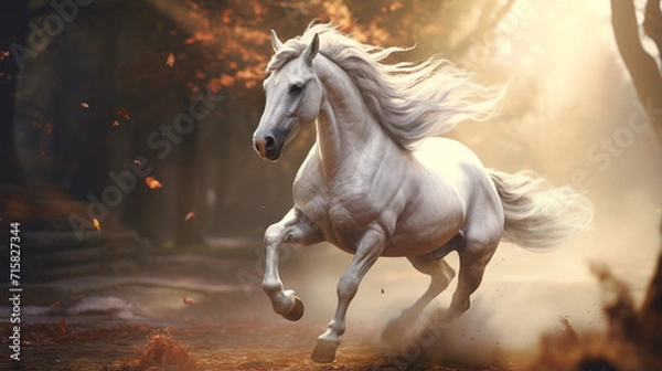 Fototapeta side view of a unicorn running, cinematic scene, profile view of unicorn created with Generative Ai