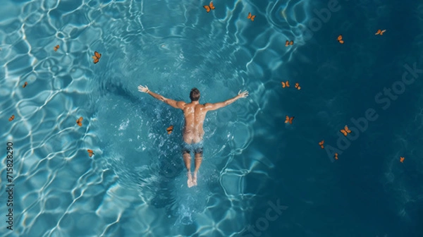 Obraz Young man swimming in a pool, aerial view from above