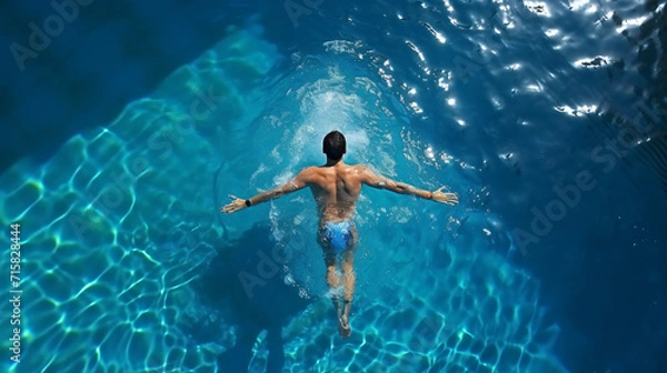Obraz Young man swimming in a pool, aerial view from above, 3D rendering