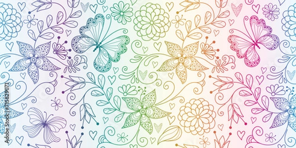 Fototapeta Vector seamless colorful floral valentines pattern with hearts and dotty butterflies in doodle style on a white background