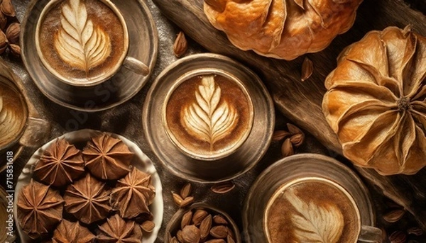 Obraz Filiżanki z kawą cappuccino otoczone przyprawami