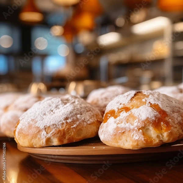 Fototapeta Scones on a cafe counter, glazed and sprinkled with powdered sugar. Suitable for a bakery or café marketing and menus