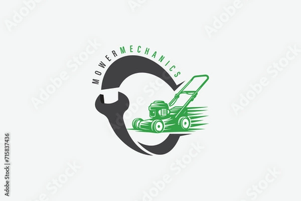 Fototapeta Mower mechanics logo with mower and wrench vector with catchy colors